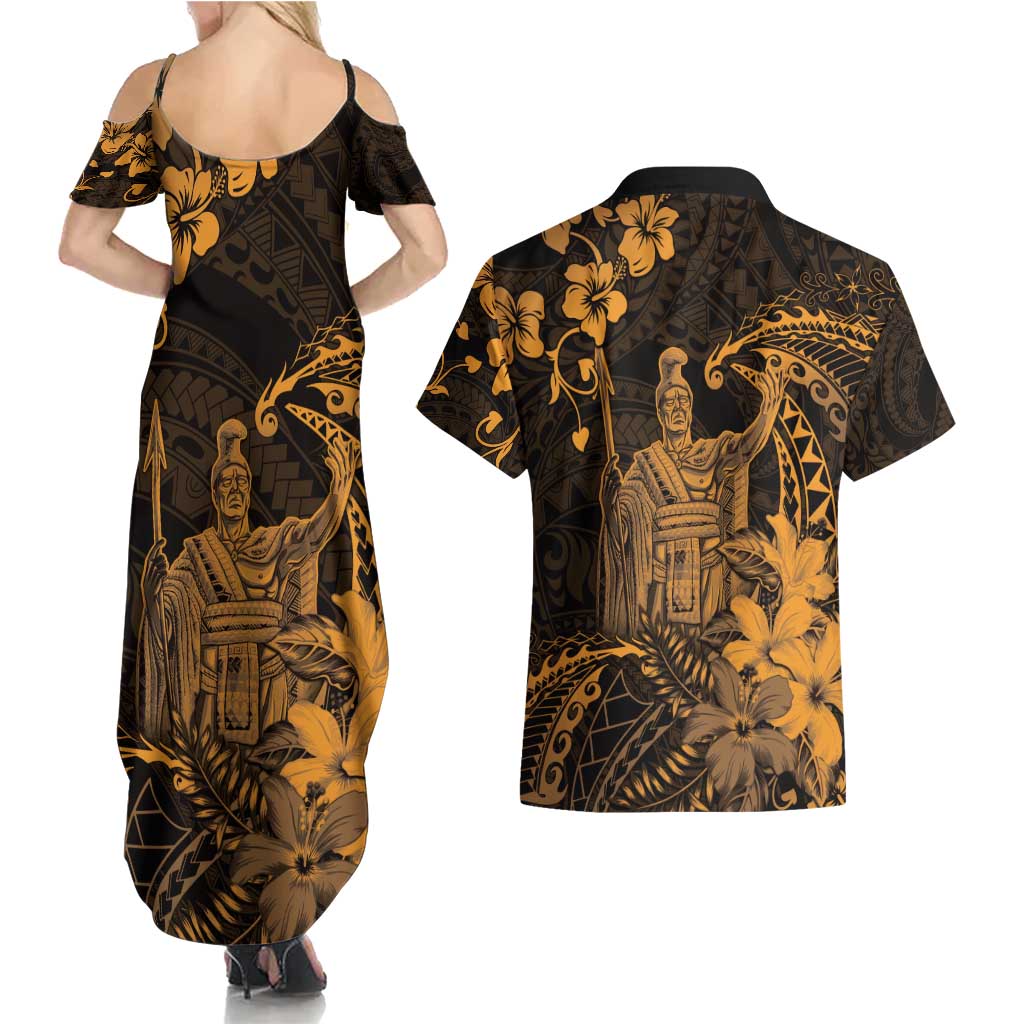 Hawaii King Kamehameha Day Couples Matching Summer Maxi Dress and Hawaiian Shirt Polynesian Pattern Mix Hibiscus Gold
