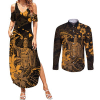 Hawaii King Kamehameha Day Couples Matching Summer Maxi Dress and Long Sleeve Button Shirt Polynesian Pattern Mix Hibiscus Gold