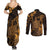 Hawaii King Kamehameha Day Couples Matching Summer Maxi Dress and Long Sleeve Button Shirt Polynesian Pattern Mix Hibiscus Gold