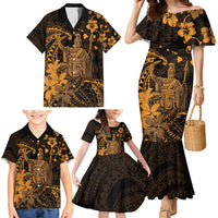 Hawaii King Kamehameha Day Family Matching Mermaid Dress and Hawaiian Shirt Polynesian Pattern Mix Hibiscus Gold