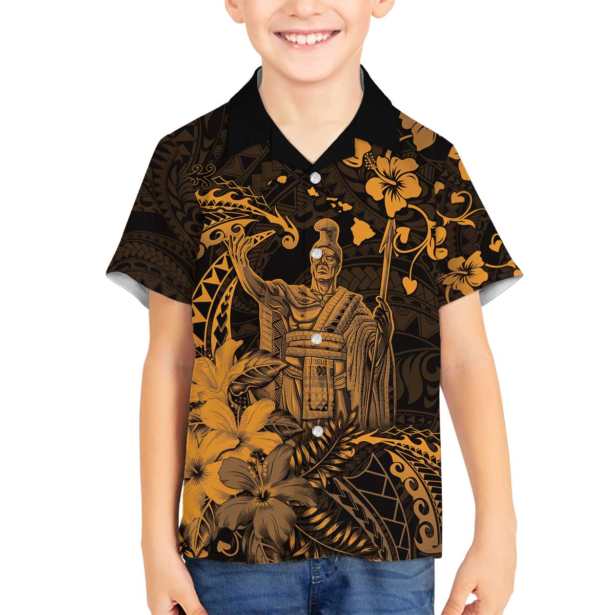 Hawaii King Kamehameha Day Family Matching Off The Shoulder Long Sleeve Dress and Hawaiian Shirt Polynesian Pattern Mix Hibiscus Gold
