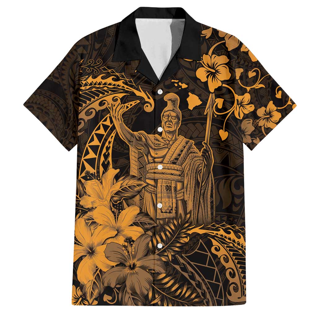 Hawaii King Kamehameha Day Family Matching Off Shoulder Maxi Dress and Hawaiian Shirt Polynesian Pattern Mix Hibiscus Gold