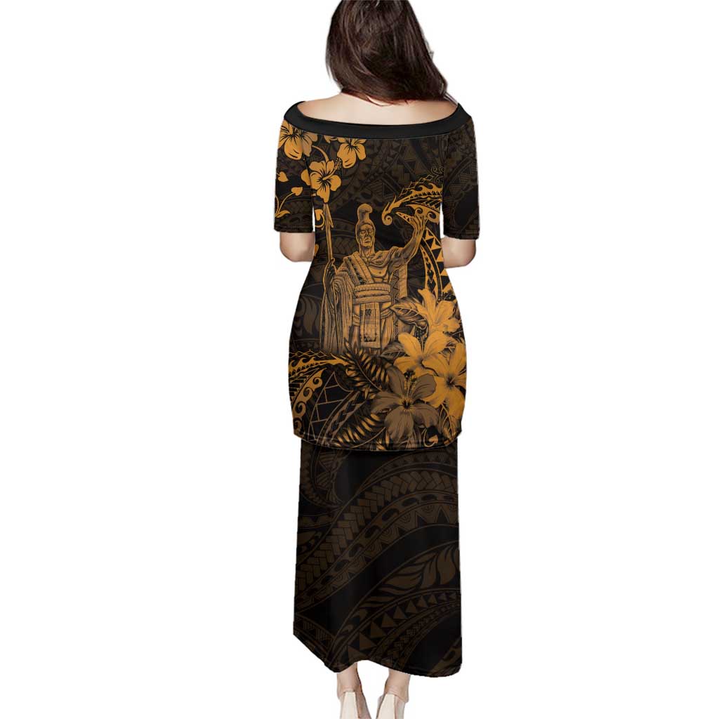 Hawaii King Kamehameha Day Family Matching Puletasi and Hawaiian Shirt Polynesian Pattern Mix Hibiscus Gold