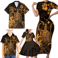 Hawaii King Kamehameha Day Family Matching Short Sleeve Bodycon Dress and Hawaiian Shirt Polynesian Pattern Mix Hibiscus Gold