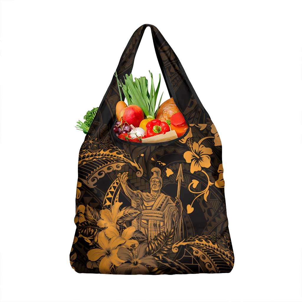 Hawaii King Kamehameha Day Grocery Bag Polynesian Pattern Mix Hibiscus Gold