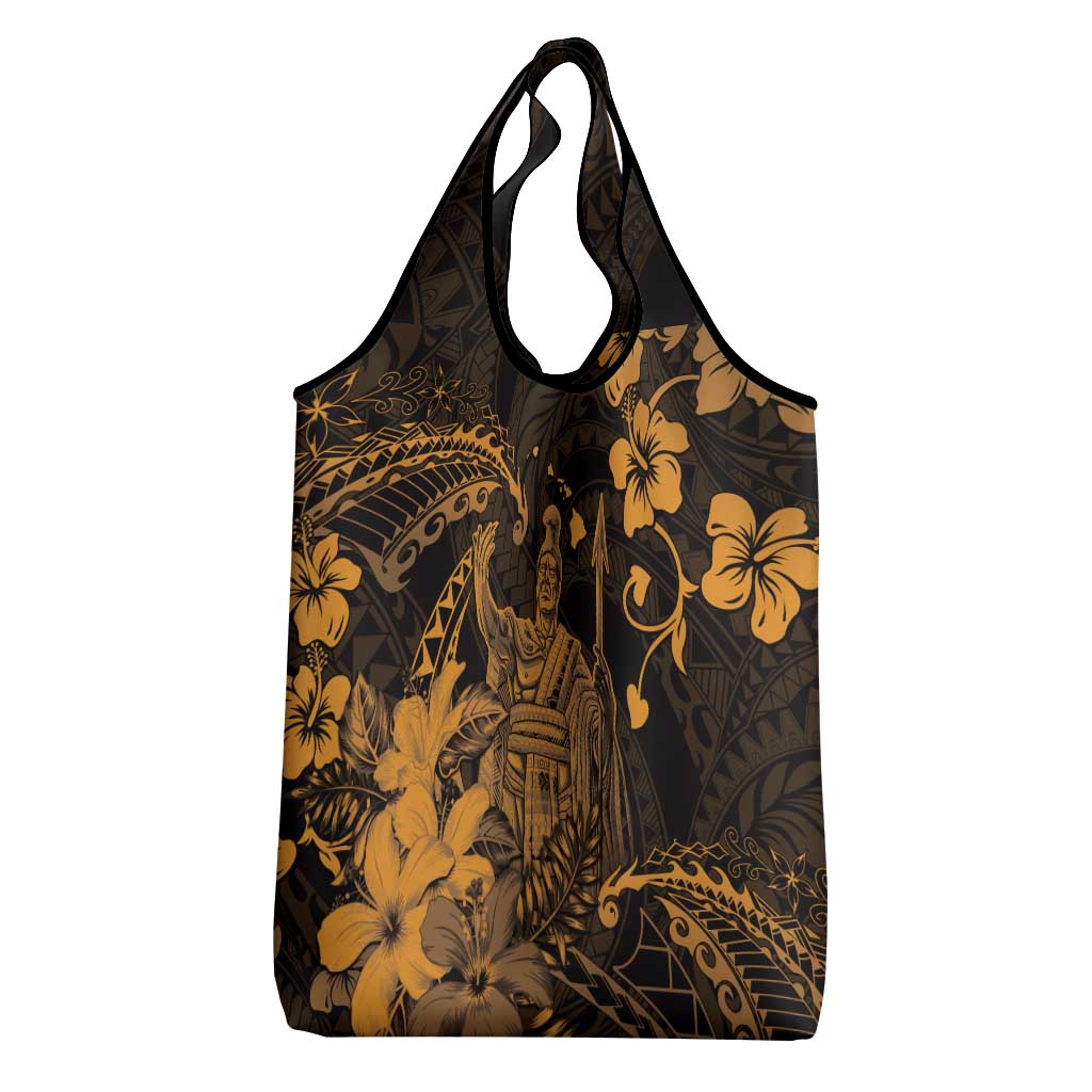 Hawaii King Kamehameha Day Grocery Bag Polynesian Pattern Mix Hibiscus Gold