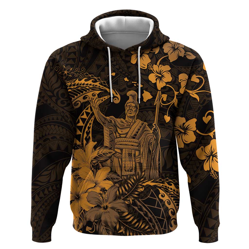 Hawaii King Kamehameha Day Hoodie Polynesian Pattern Mix Hibiscus Gold