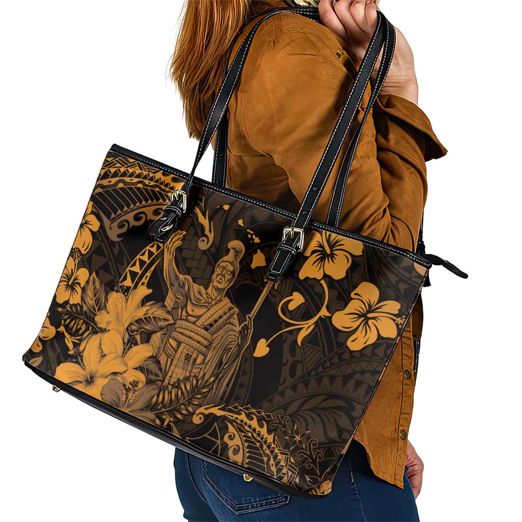 Hawaii King Kamehameha Day Leather Tote Bag Polynesian Pattern Mix Hibiscus Gold