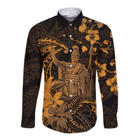 Hawaii King Kamehameha Day Long Sleeve Button Shirt Polynesian Pattern Mix Hibiscus Gold