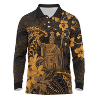 Hawaii King Kamehameha Day Long Sleeve Polo Shirt Polynesian Pattern Mix Hibiscus Gold