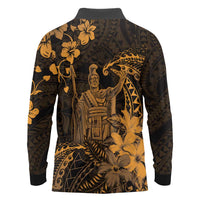 Hawaii King Kamehameha Day Long Sleeve Polo Shirt Polynesian Pattern Mix Hibiscus Gold