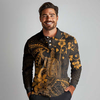 Hawaii King Kamehameha Day Long Sleeve Polo Shirt Polynesian Pattern Mix Hibiscus Gold