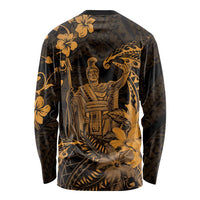 Hawaii King Kamehameha Day Long Sleeve Shirt Polynesian Pattern Mix Hibiscus Gold