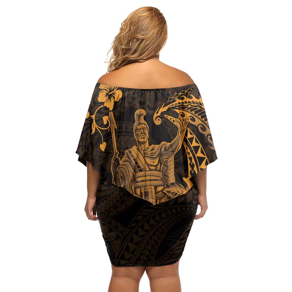 Hawaii King Kamehameha Day Off Shoulder Short Dress Polynesian Pattern Mix Hibiscus Gold