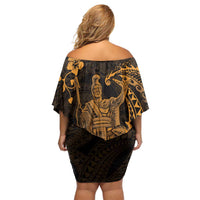 Hawaii King Kamehameha Day Off Shoulder Short Dress Polynesian Pattern Mix Hibiscus Gold