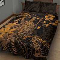 Hawaii King Kamehameha Day Quilt Bed Set Polynesian Pattern Mix Hibiscus Gold