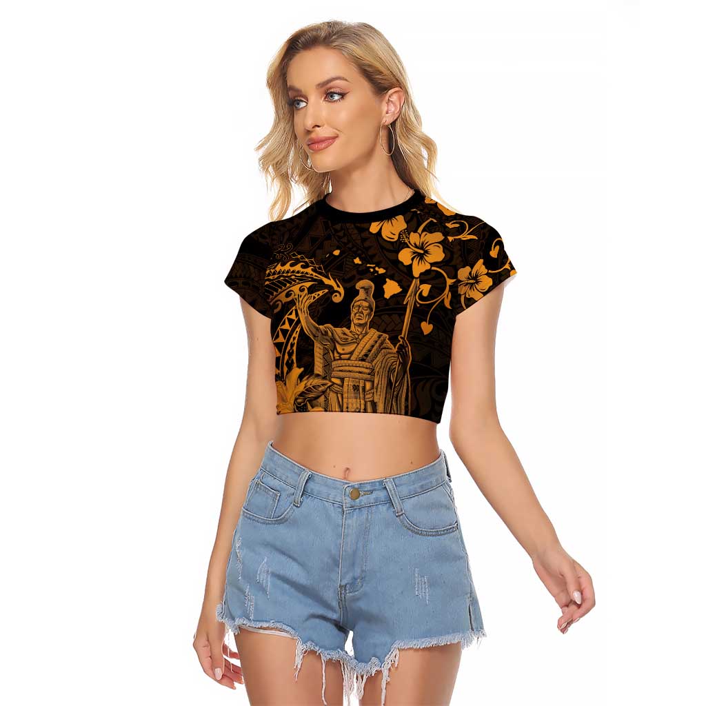 Hawaii King Kamehameha Day Raglan Cropped T Shirt Polynesian Pattern Mix Hibiscus Gold