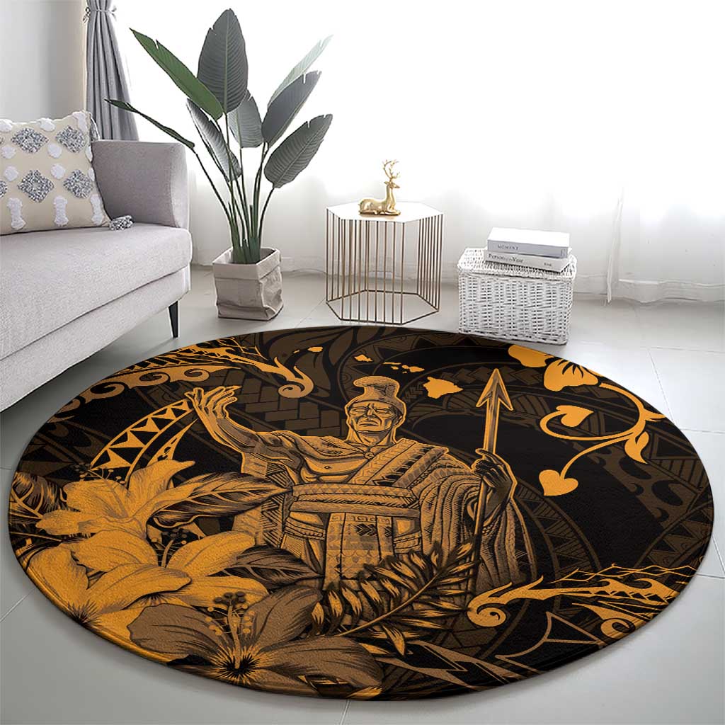 Hawaii King Kamehameha Day Round Carpet Polynesian Pattern Mix Hibiscus Gold