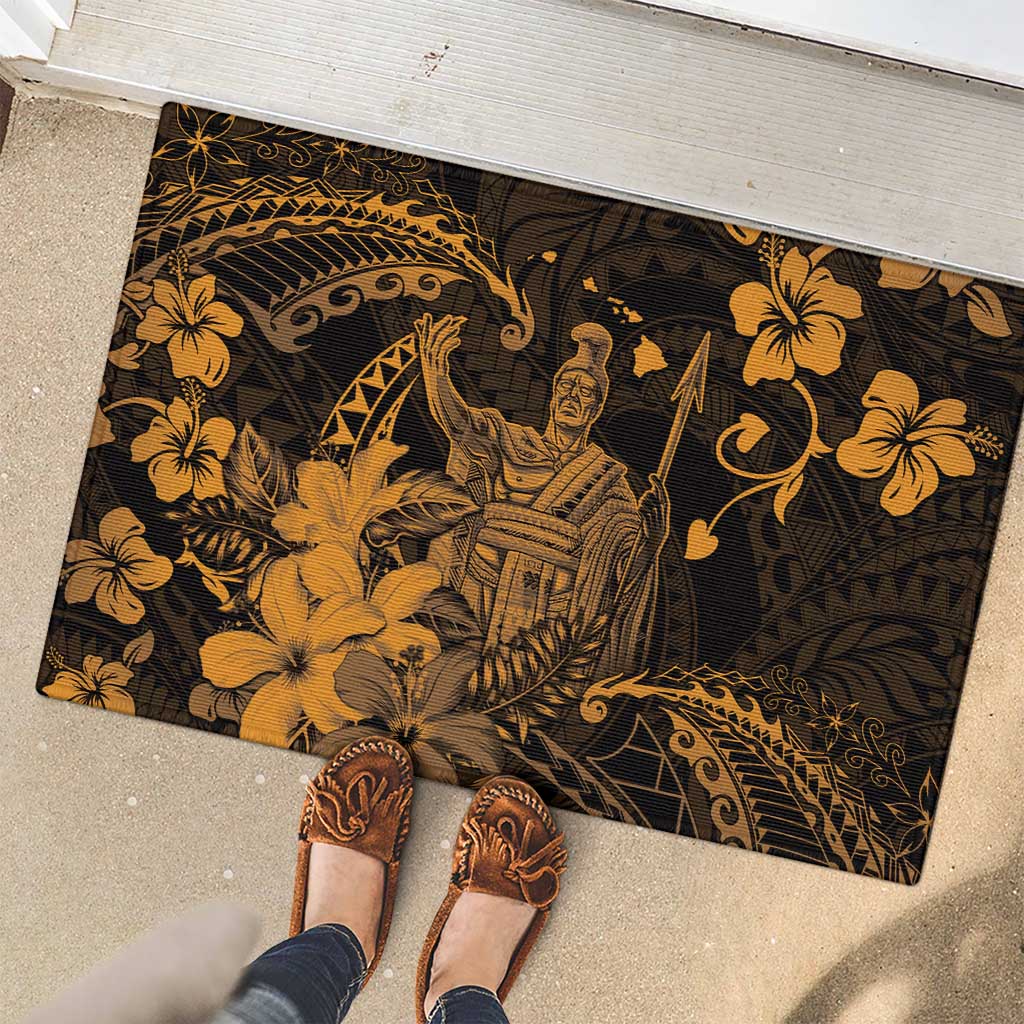Hawaii King Kamehameha Day Rubber Doormat Polynesian Pattern Mix Hibiscus Gold