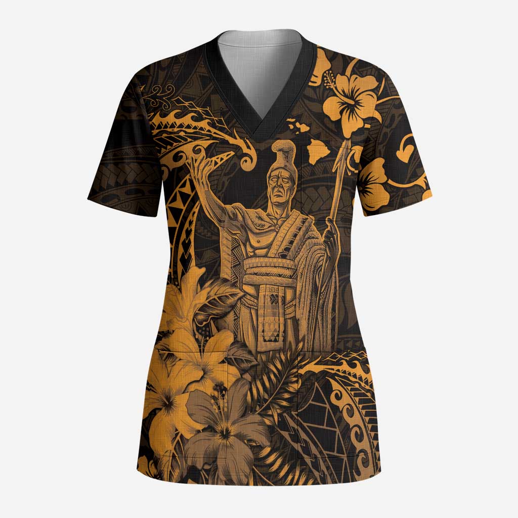 Hawaii King Kamehameha Day Scrub Top Polynesian Pattern Mix Hibiscus Gold - Polynesian Pride