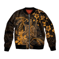 Hawaii King Kamehameha Day Sleeve Zip Bomber Jacket Polynesian Pattern Mix Hibiscus Gold