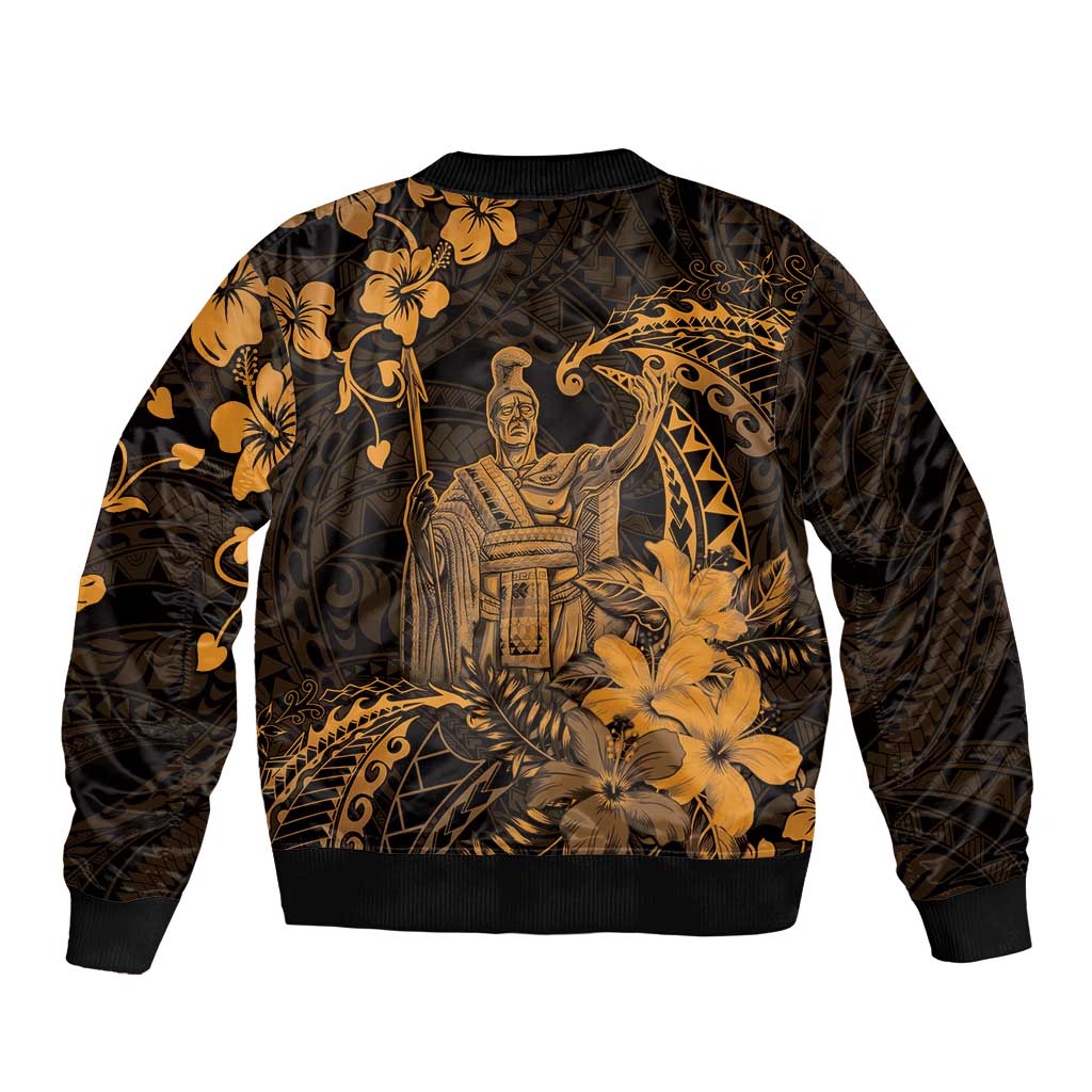 Hawaii King Kamehameha Day Sleeve Zip Bomber Jacket Polynesian Pattern Mix Hibiscus Gold
