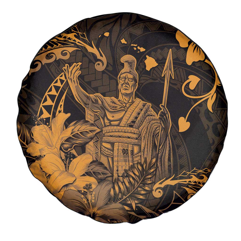 Hawaii King Kamehameha Day Spare Tire Cover Polynesian Pattern Mix Hibiscus Gold