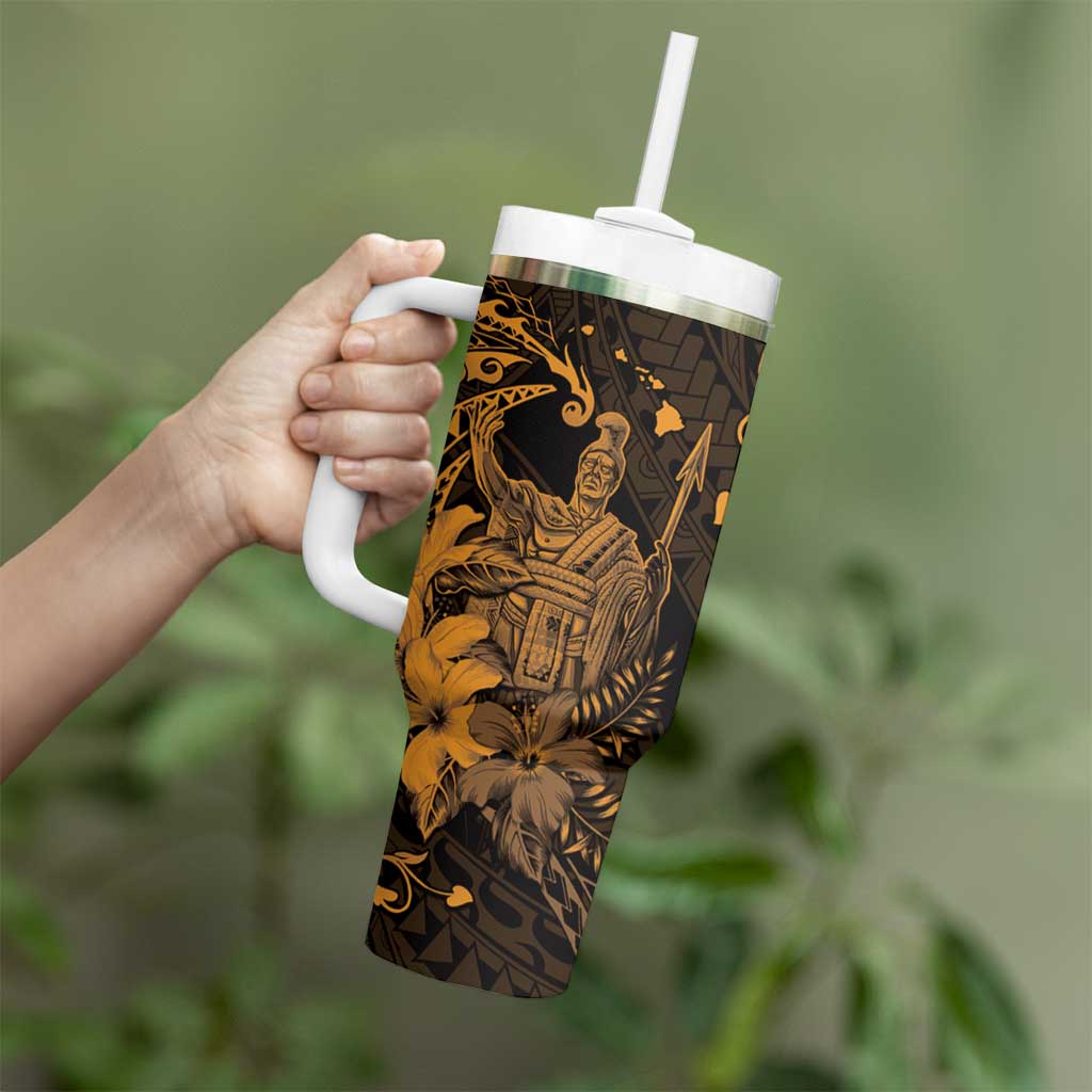 Hawaii King Kamehameha Day Tumbler With Handle Polynesian Pattern Mix Hibiscus Gold