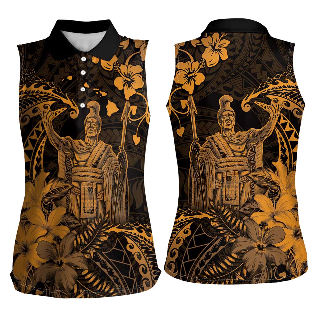 Hawaii King Kamehameha Day Women Sleeveless Polo Shirt Polynesian Pattern Mix Hibiscus Gold