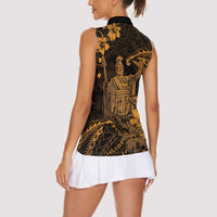 Hawaii King Kamehameha Day Women Sleeveless Polo Shirt Polynesian Pattern Mix Hibiscus Gold