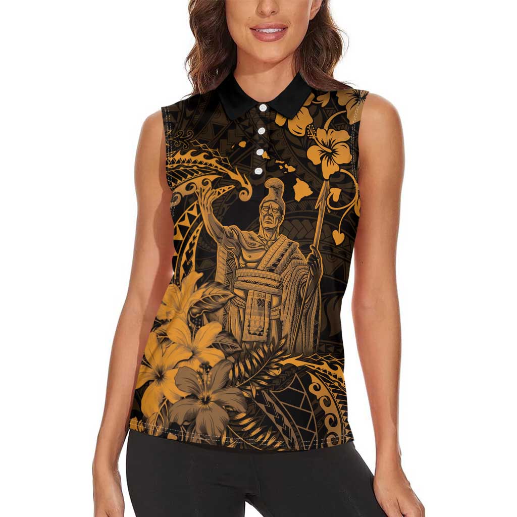 Hawaii King Kamehameha Day Women Sleeveless Polo Shirt Polynesian Pattern Mix Hibiscus Gold