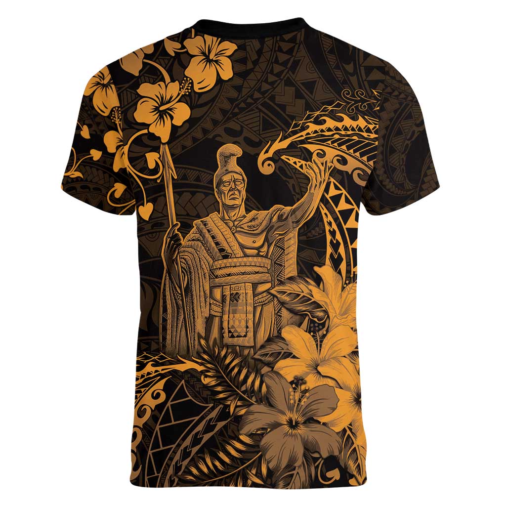 Hawaii King Kamehameha Day Women V-Neck T-Shirt Polynesian Pattern Mix Hibiscus Gold