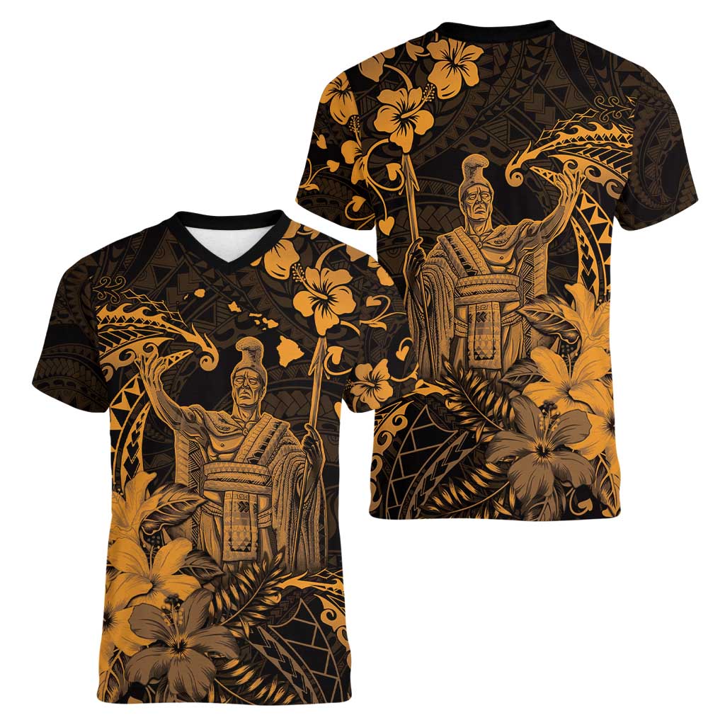 Hawaii King Kamehameha Day Women V-Neck T-Shirt Polynesian Pattern Mix Hibiscus Gold