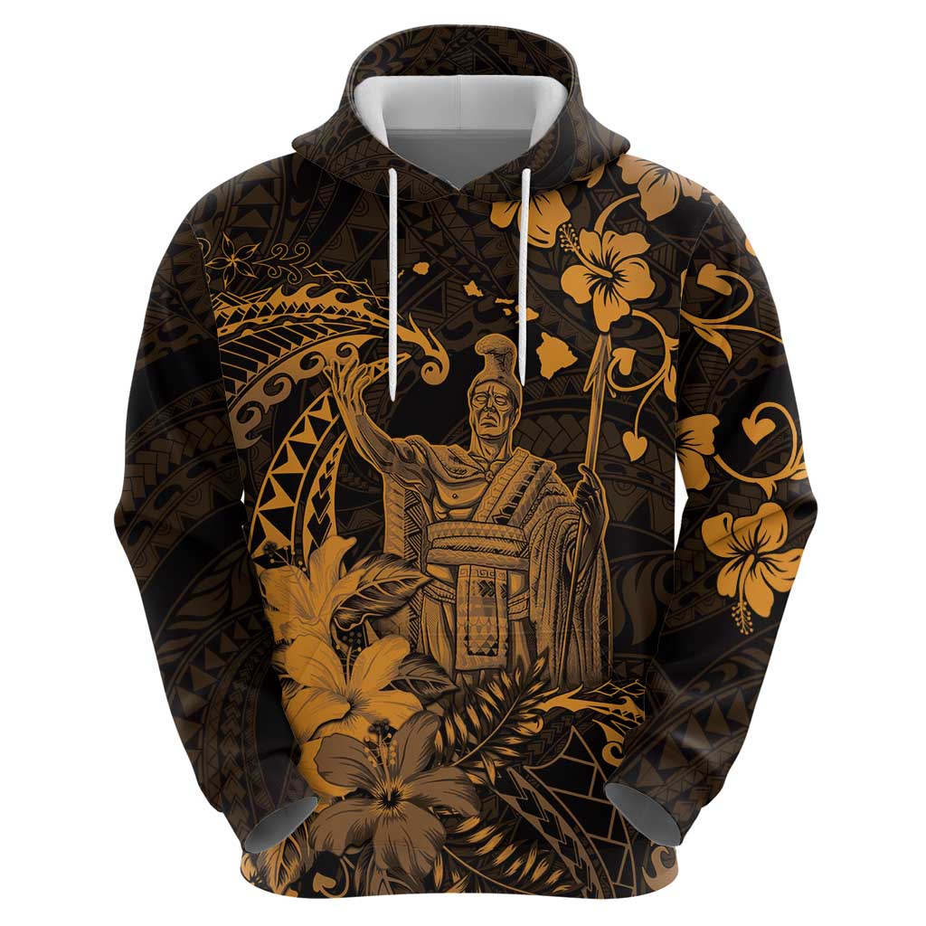 Hawaii King Kamehameha Day Zip Hoodie Polynesian Pattern Mix Hibiscus Gold