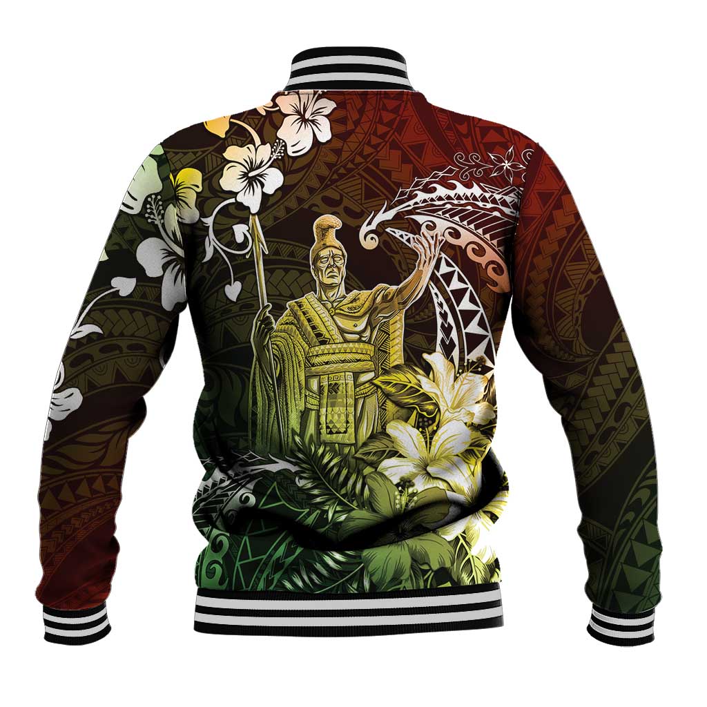 Hawaii King Kamehameha Day Baseball Jacket Polynesian Pattern Mix Hibiscus Reggae
