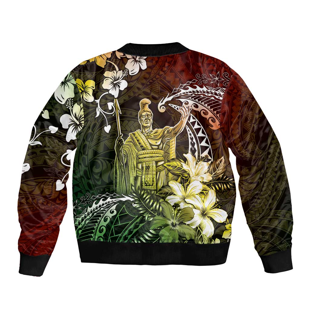 Hawaii King Kamehameha Day Bomber Jacket Polynesian Pattern Mix Hibiscus Reggae