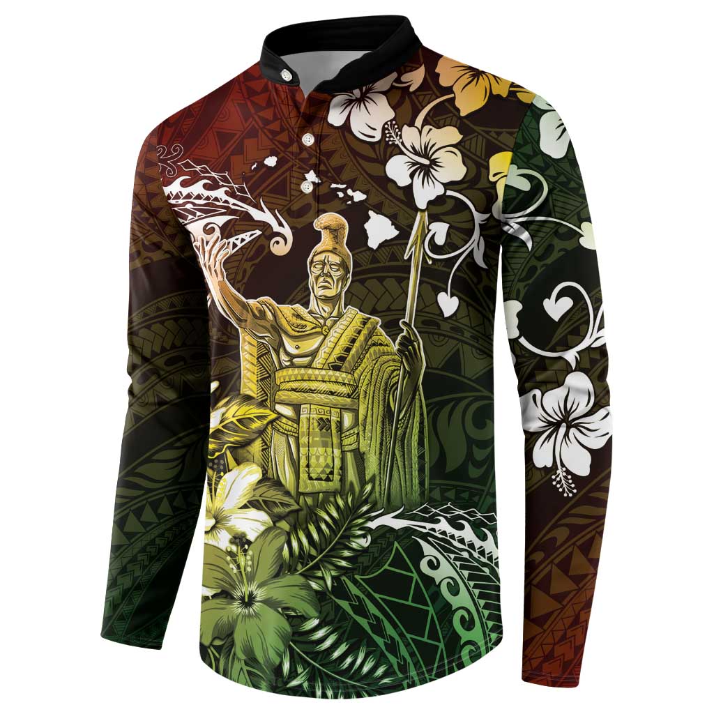 Hawaii King Kamehameha Day Button Sweatshirt Polynesian Pattern Mix Hibiscus Reggae