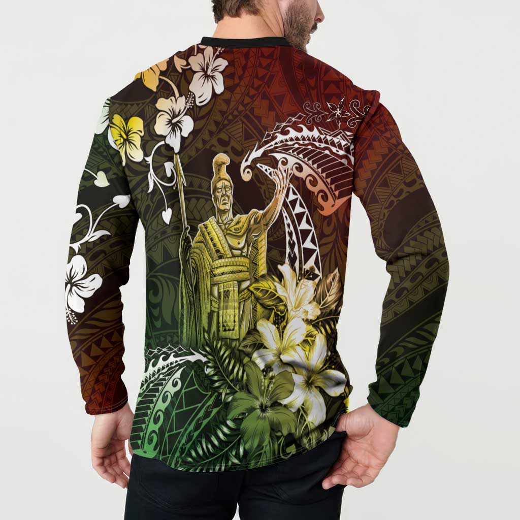 Hawaii King Kamehameha Day Button Sweatshirt Polynesian Pattern Mix Hibiscus Reggae