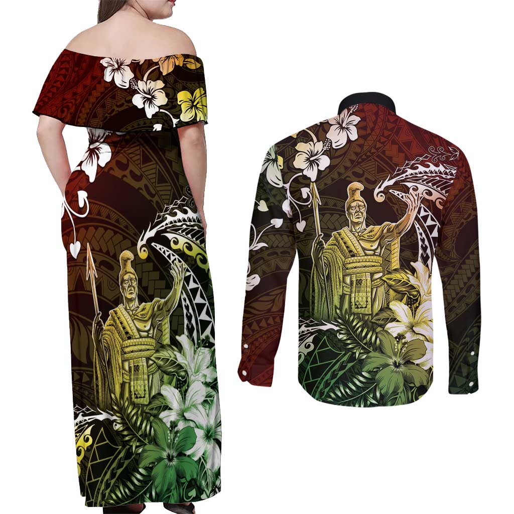 Hawaii King Kamehameha Day Couples Matching Off Shoulder Maxi Dress and Long Sleeve Button Shirt Polynesian Pattern Mix Hibiscus Reggae