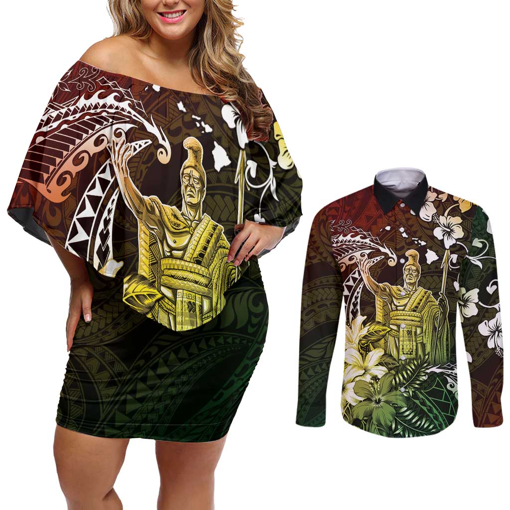 Hawaii King Kamehameha Day Couples Matching Off Shoulder Short Dress and Long Sleeve Button Shirt Polynesian Pattern Mix Hibiscus Reggae