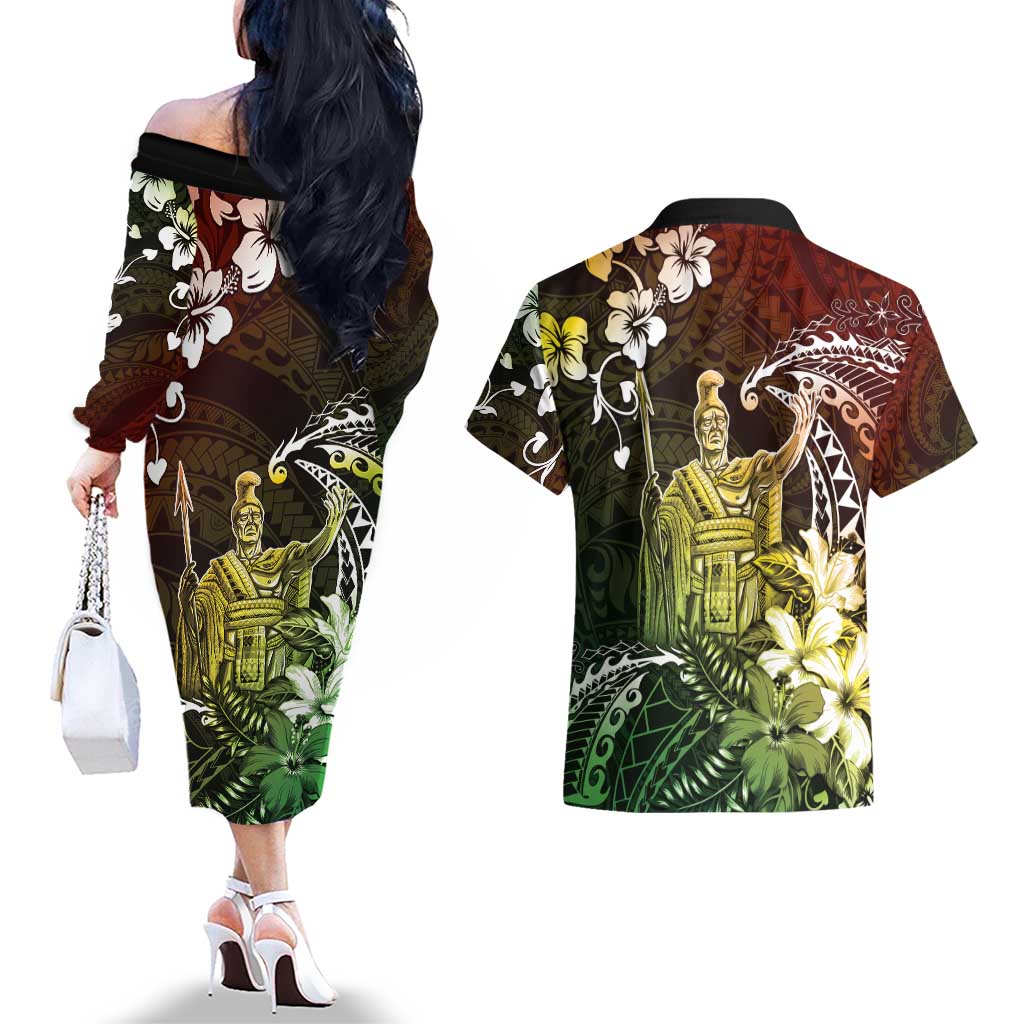 Hawaii King Kamehameha Day Couples Matching Off The Shoulder Long Sleeve Dress and Hawaiian Shirt Polynesian Pattern Mix Hibiscus Reggae