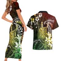 Hawaii King Kamehameha Day Couples Matching Short Sleeve Bodycon Dress and Hawaiian Shirt Polynesian Pattern Mix Hibiscus Reggae