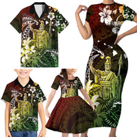 Hawaii King Kamehameha Day Family Matching Short Sleeve Bodycon Dress and Hawaiian Shirt Polynesian Pattern Mix Hibiscus Reggae
