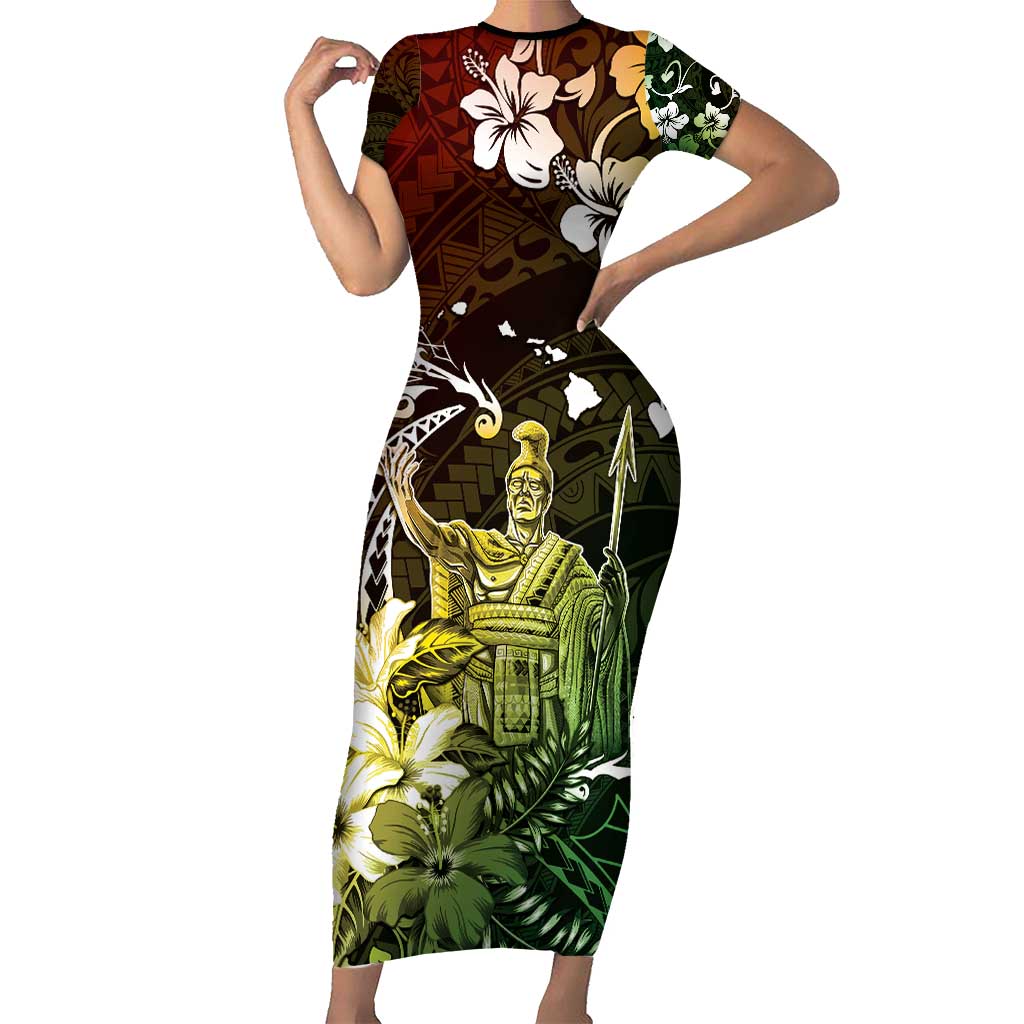 Hawaii King Kamehameha Day Family Matching Short Sleeve Bodycon Dress and Hawaiian Shirt Polynesian Pattern Mix Hibiscus Reggae