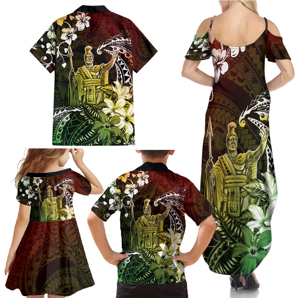 Hawaii King Kamehameha Day Family Matching Summer Maxi Dress and Hawaiian Shirt Polynesian Pattern Mix Hibiscus Reggae