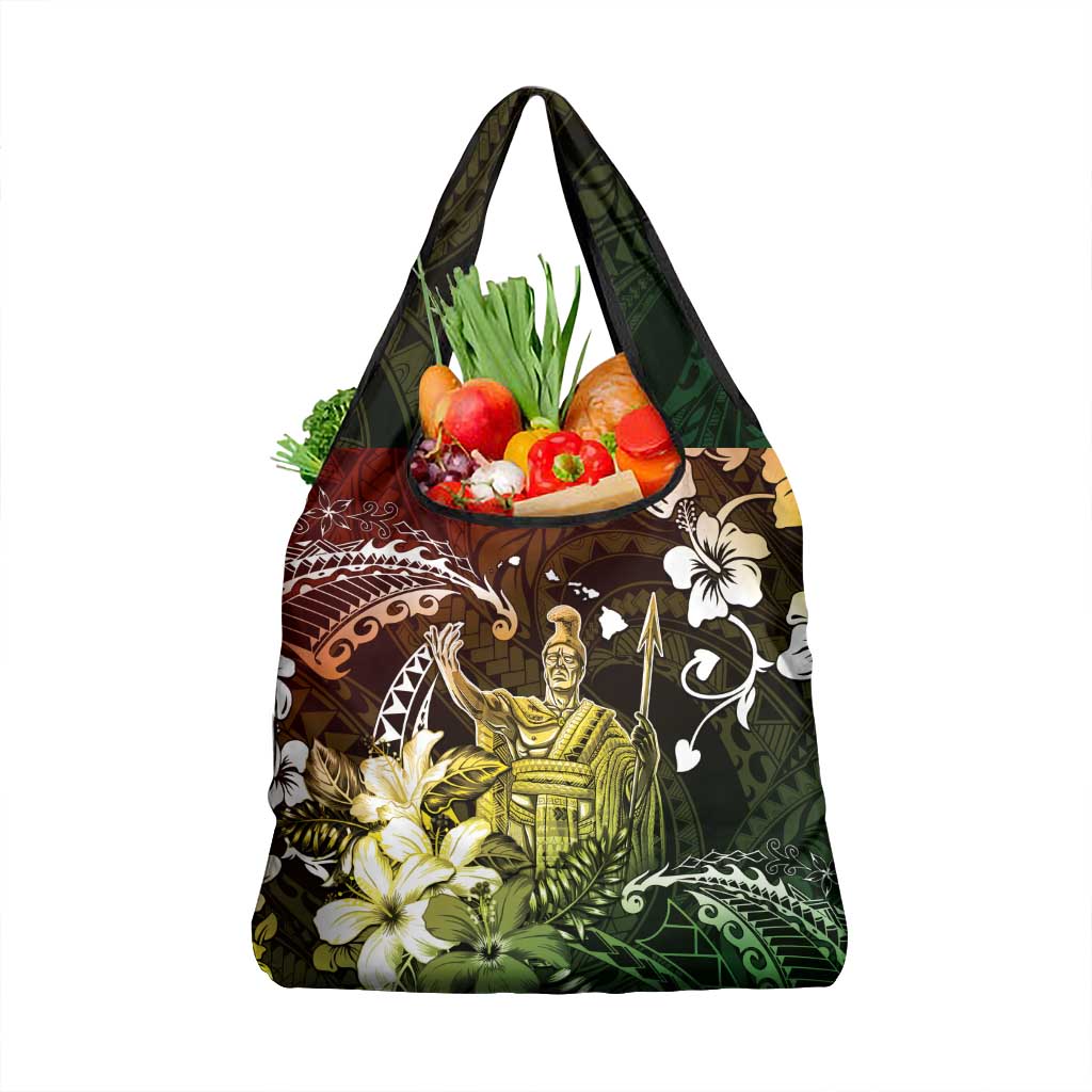 Hawaii King Kamehameha Day Grocery Bag Polynesian Pattern Mix Hibiscus Reggae