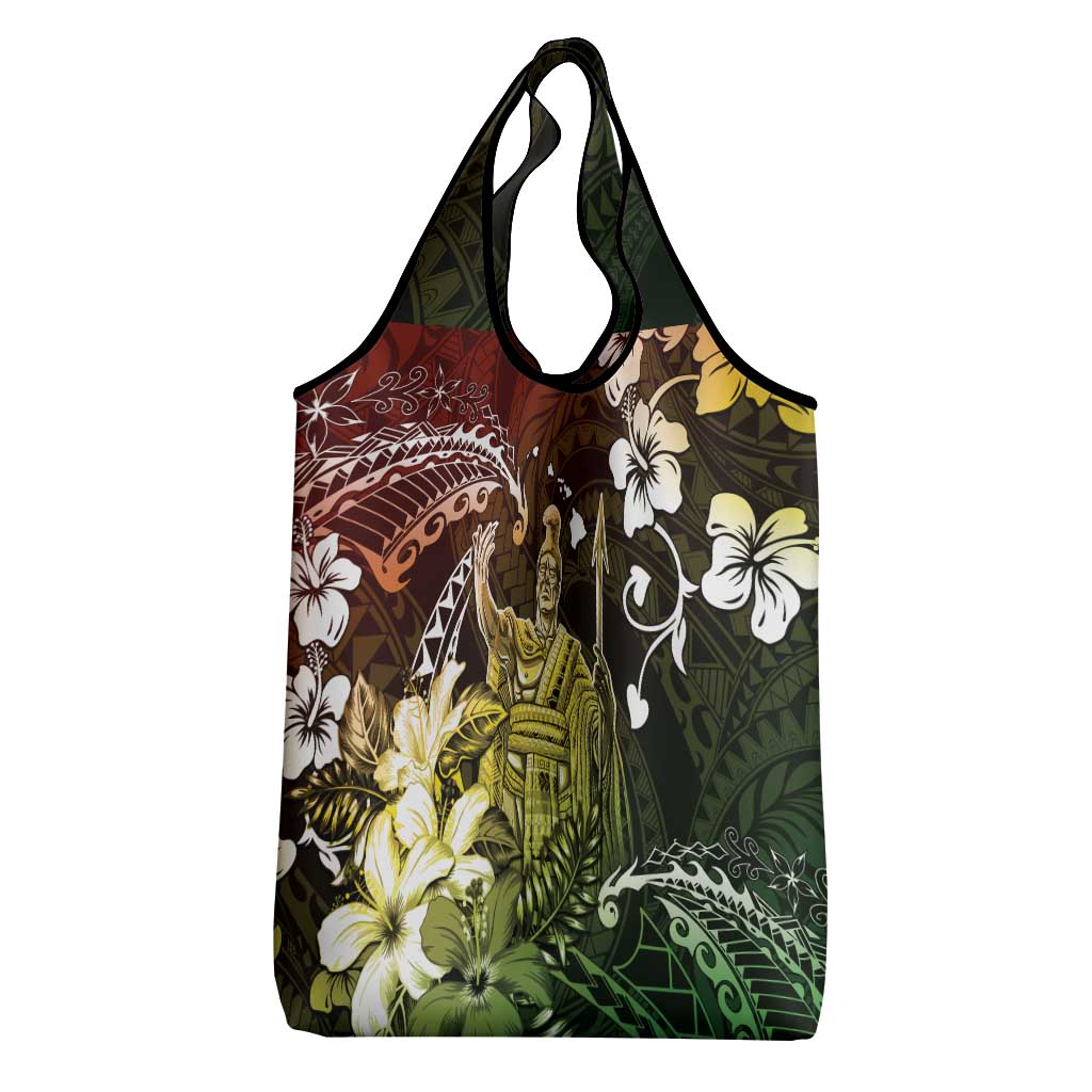Hawaii King Kamehameha Day Grocery Bag Polynesian Pattern Mix Hibiscus Reggae