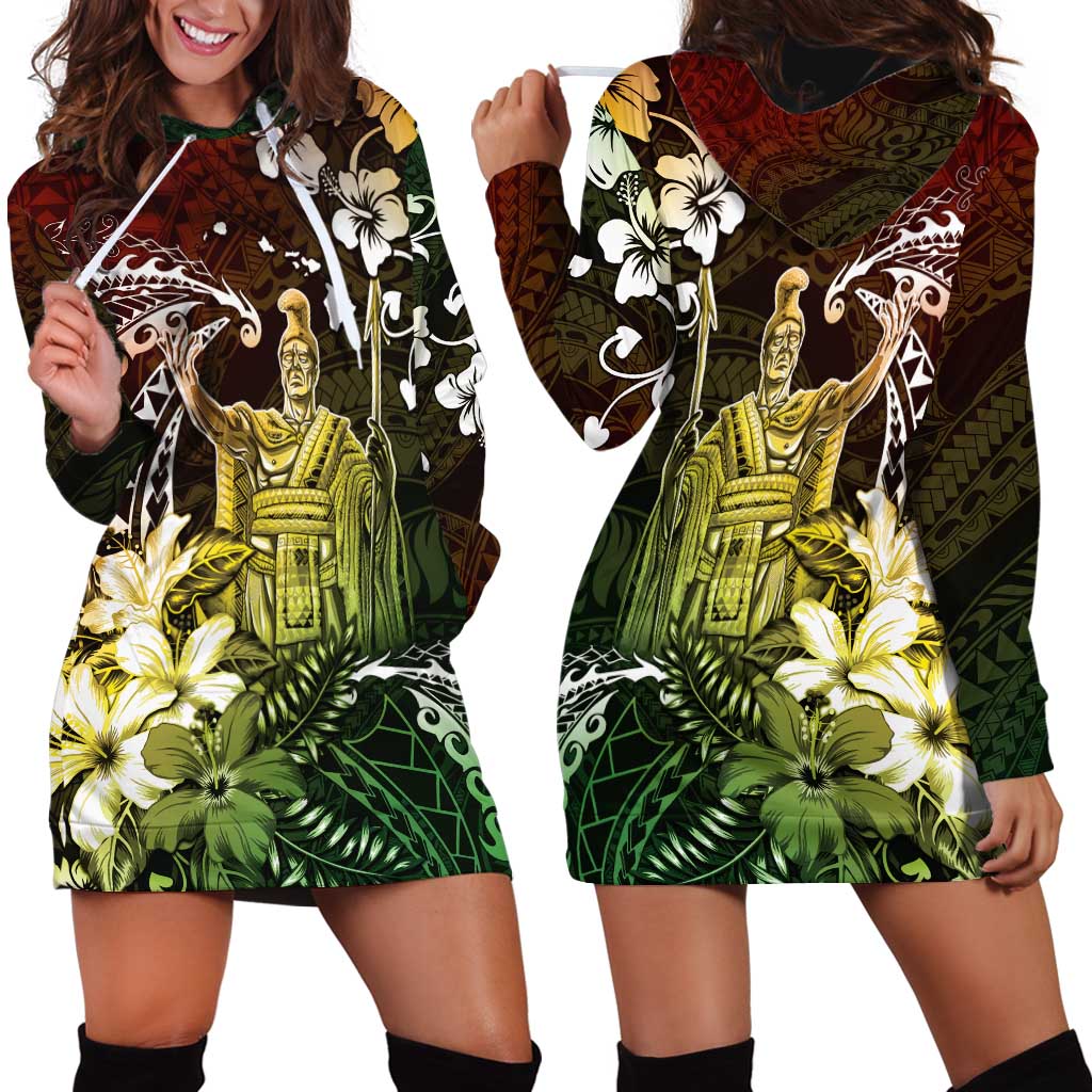 Hawaii King Kamehameha Day Hoodie Dress Polynesian Pattern Mix Hibiscus Reggae