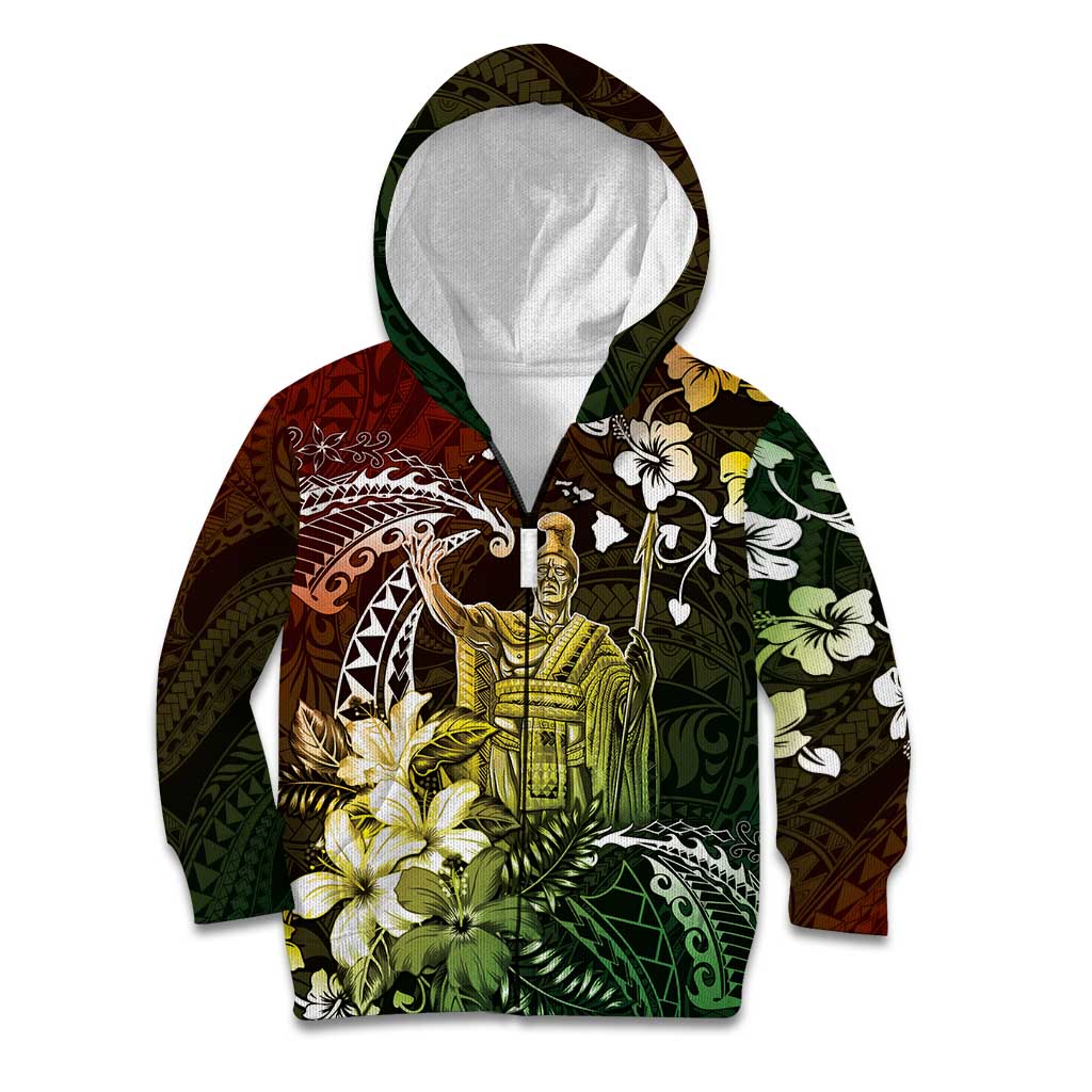 Hawaii King Kamehameha Day Kid Hoodie Polynesian Pattern Mix Hibiscus Reggae