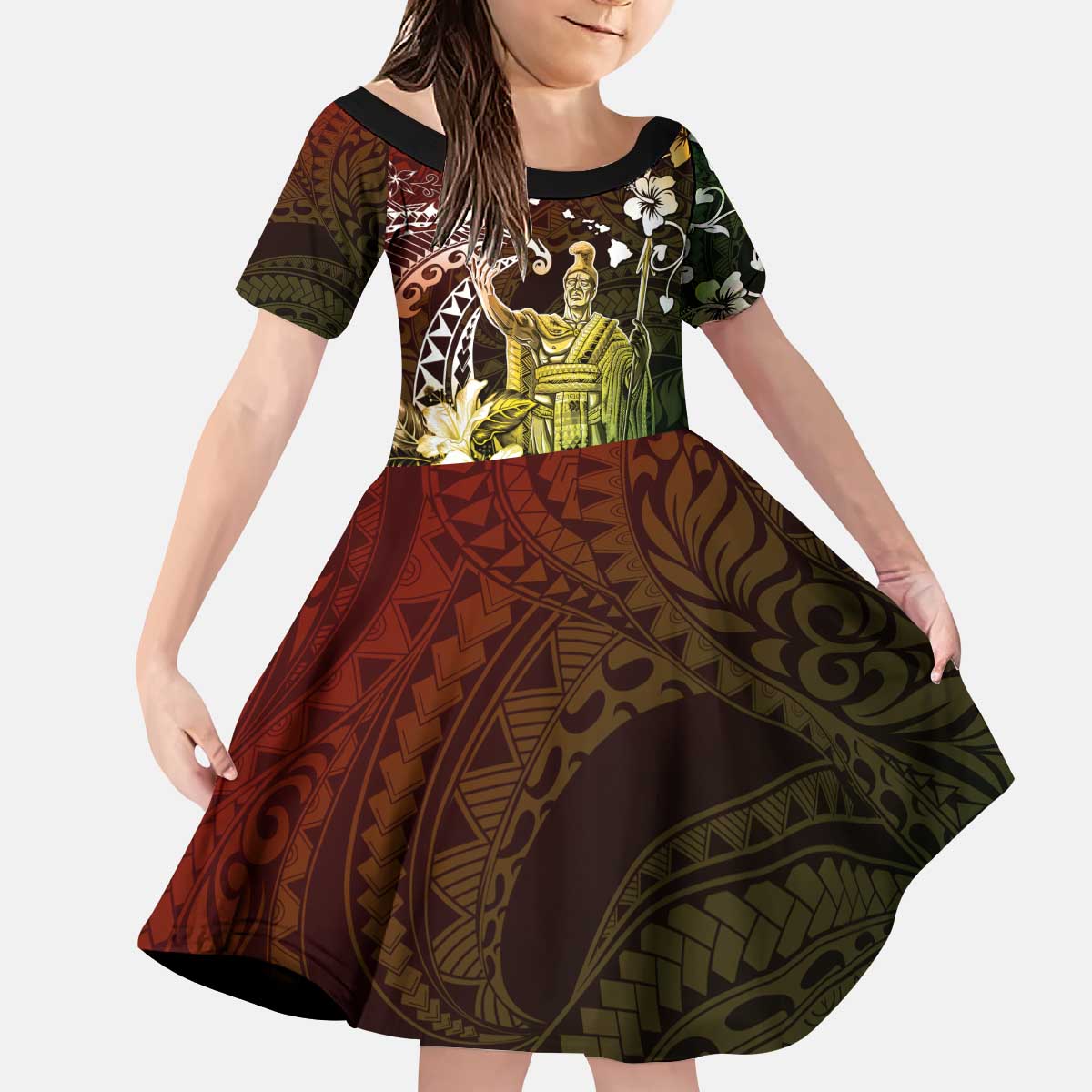 Hawaii King Kamehameha Day Kid Short Sleeve Dress Polynesian Pattern Mix Hibiscus Reggae